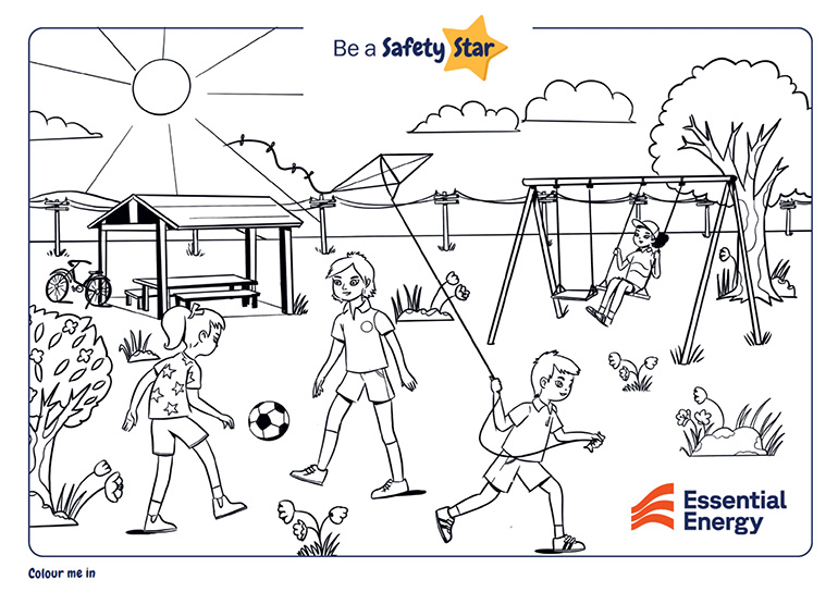Colouring in drawing of kids doing activities in a park