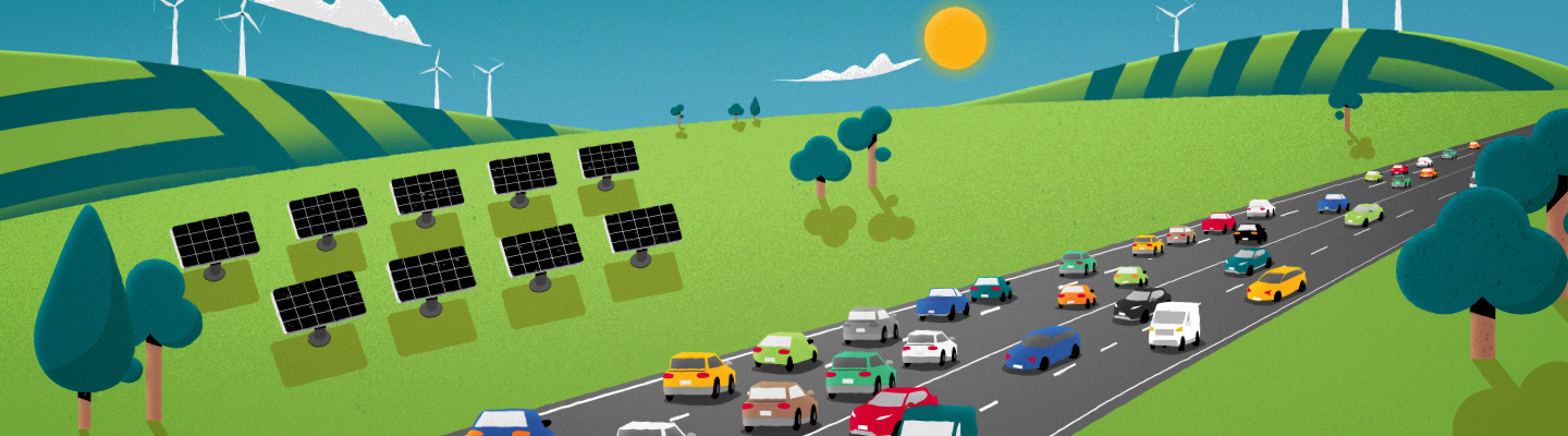 Graphic of cars on a highway near mountains and solar panels