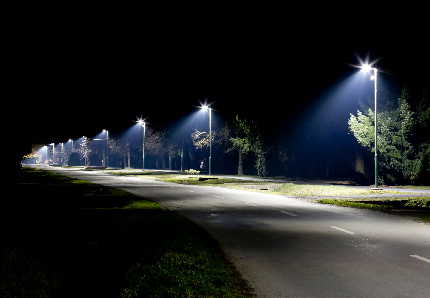 A row of streelights lighting a rural road at night
